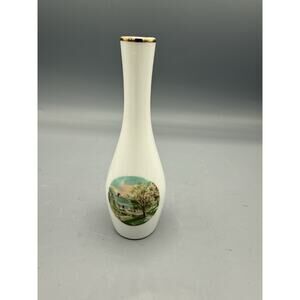 Vintage Made in Japan Bud Vase White Gold Rim Scenic House Spring 6.5”